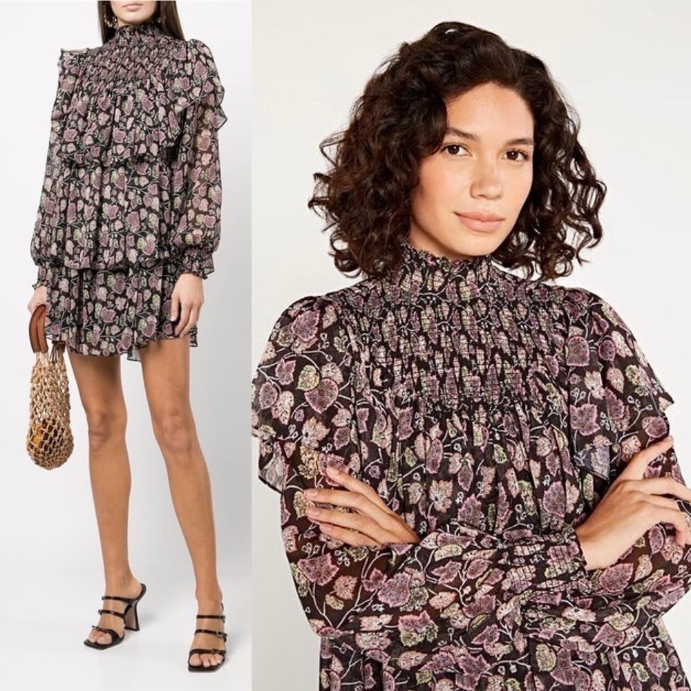 NWT CINQ A SEPT Boho Floral Ruffle Puffed Long Sleeve Smocked High Neck Dress 8